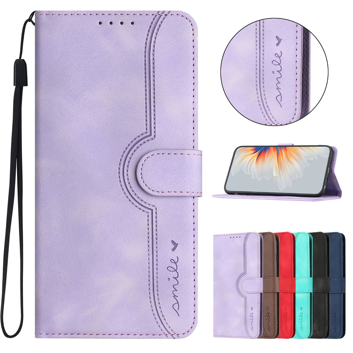 For iPhone 17 Leather Case Wallet Stand Smile Imprinted Phone Cover with Strap - Purple