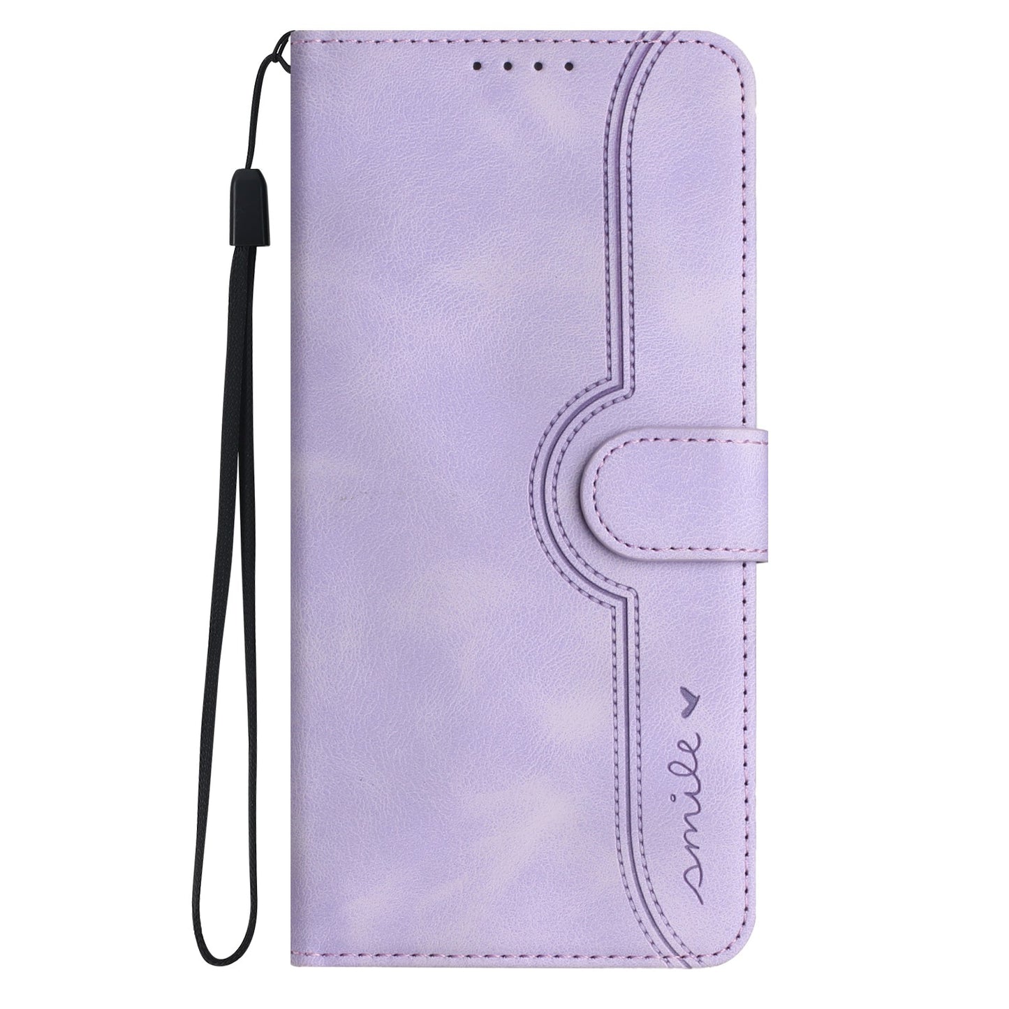 For iPhone 17 Leather Case Wallet Stand Smile Imprinted Phone Cover with Strap - Purple