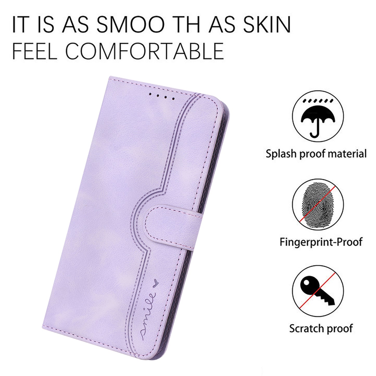 For iPhone 17 Leather Case Wallet Stand Smile Imprinted Phone Cover with Strap - Purple