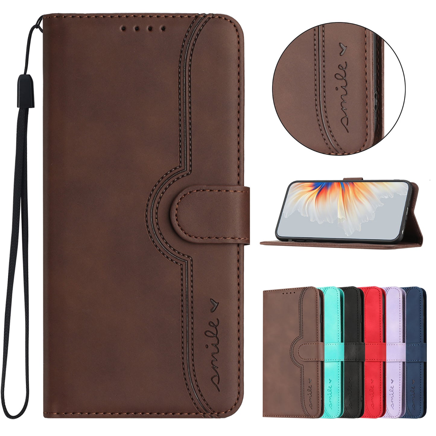 For iPhone 17 Leather Case Wallet Stand Smile Imprinted Phone Cover with Strap - Coffee