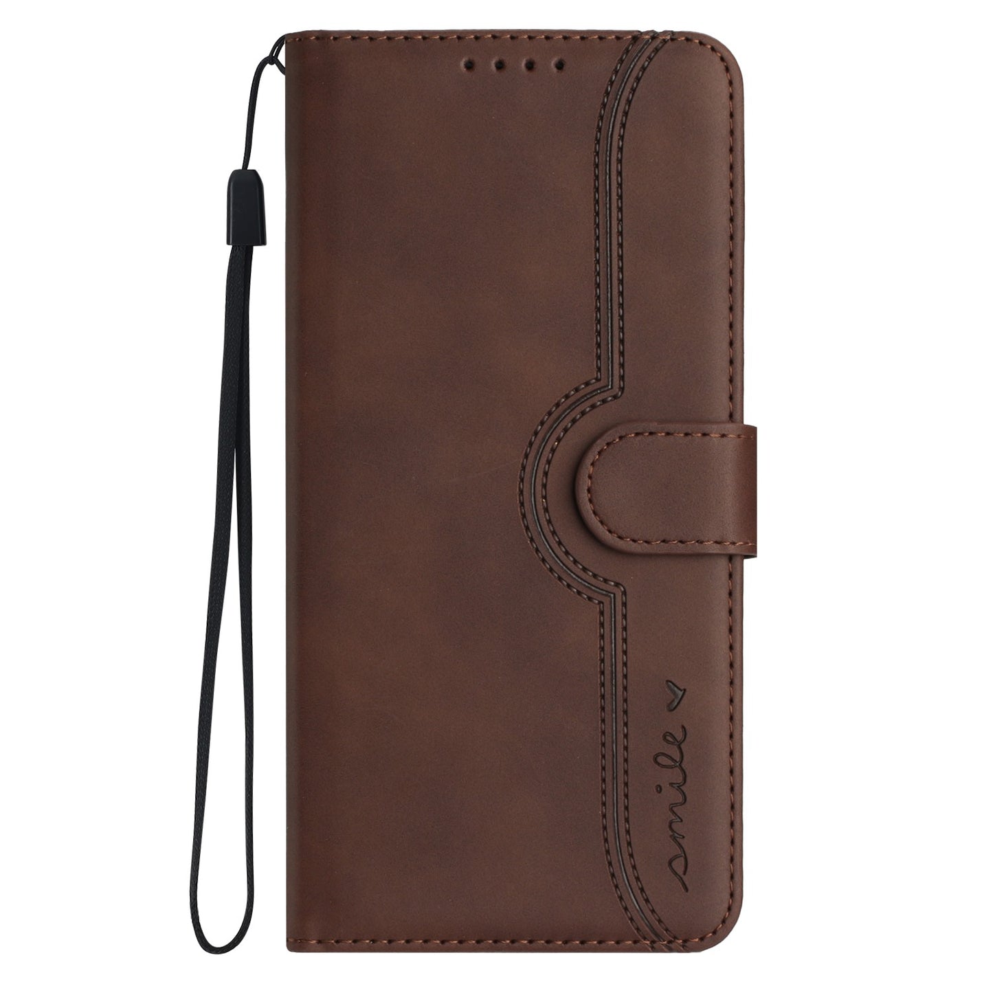 For iPhone 17 Leather Case Wallet Stand Smile Imprinted Phone Cover with Strap - Coffee