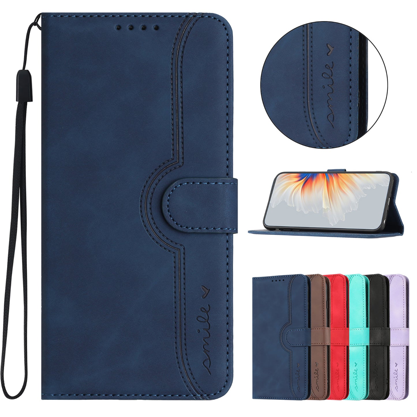 For iPhone 17 Leather Case Wallet Stand Smile Imprinted Phone Cover with Strap - Royal Blue