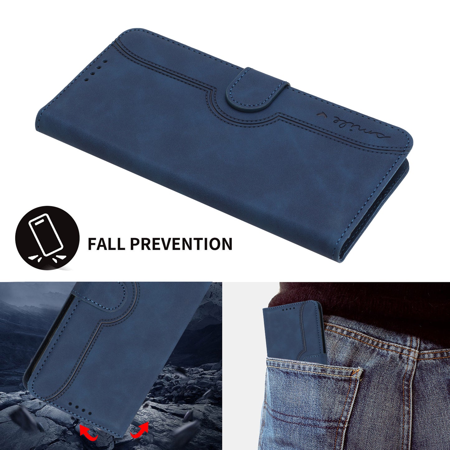For iPhone 17 Leather Case Wallet Stand Smile Imprinted Phone Cover with Strap - Royal Blue