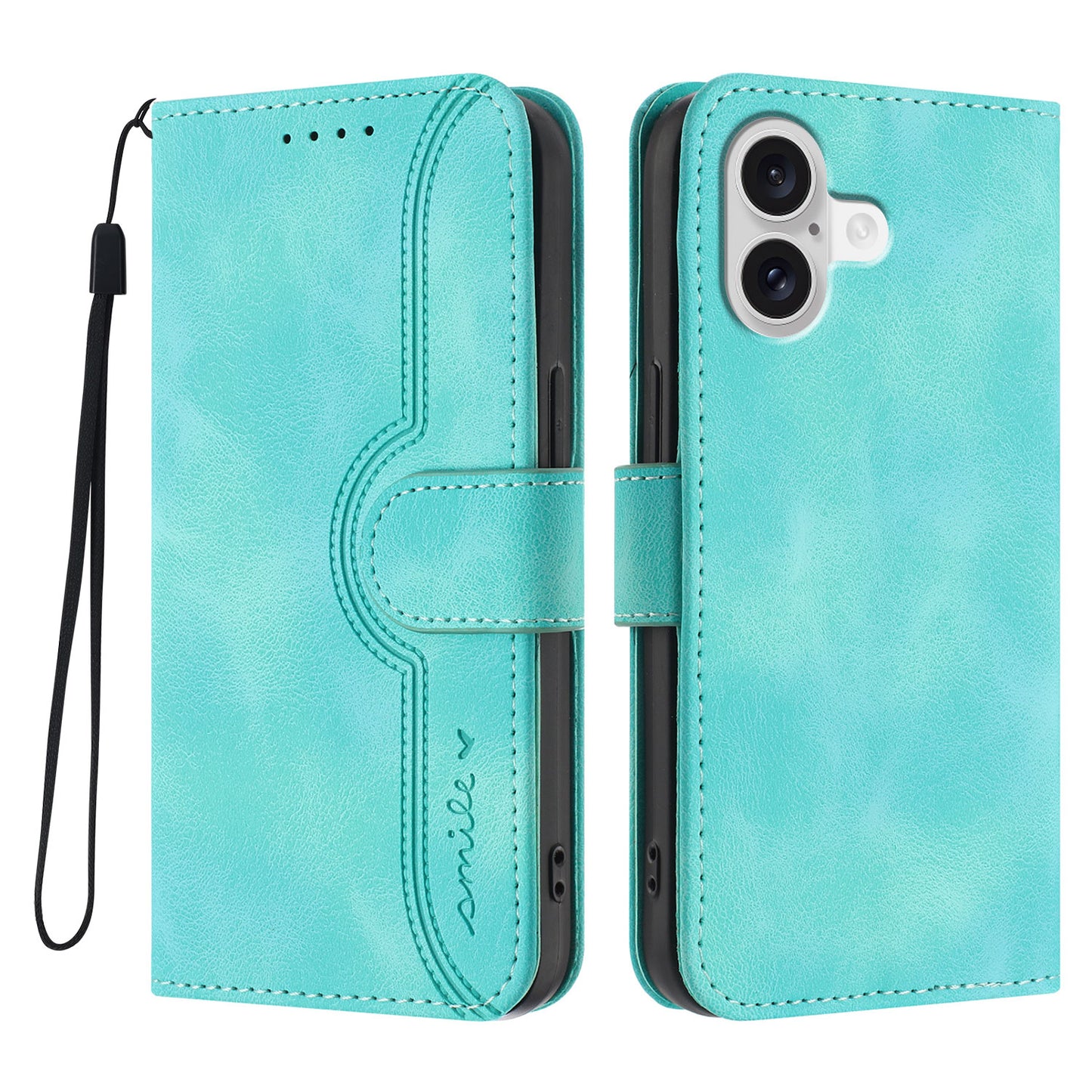For iPhone 17 Leather Case Wallet Stand Smile Imprinted Phone Cover with Strap - Light Blue