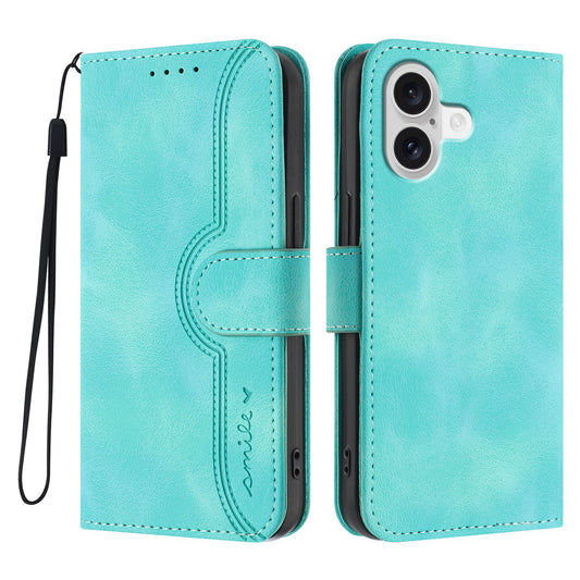 For iPhone 17 Leather Case Wallet Stand Smile Imprinted Phone Cover with Strap - Light Blue