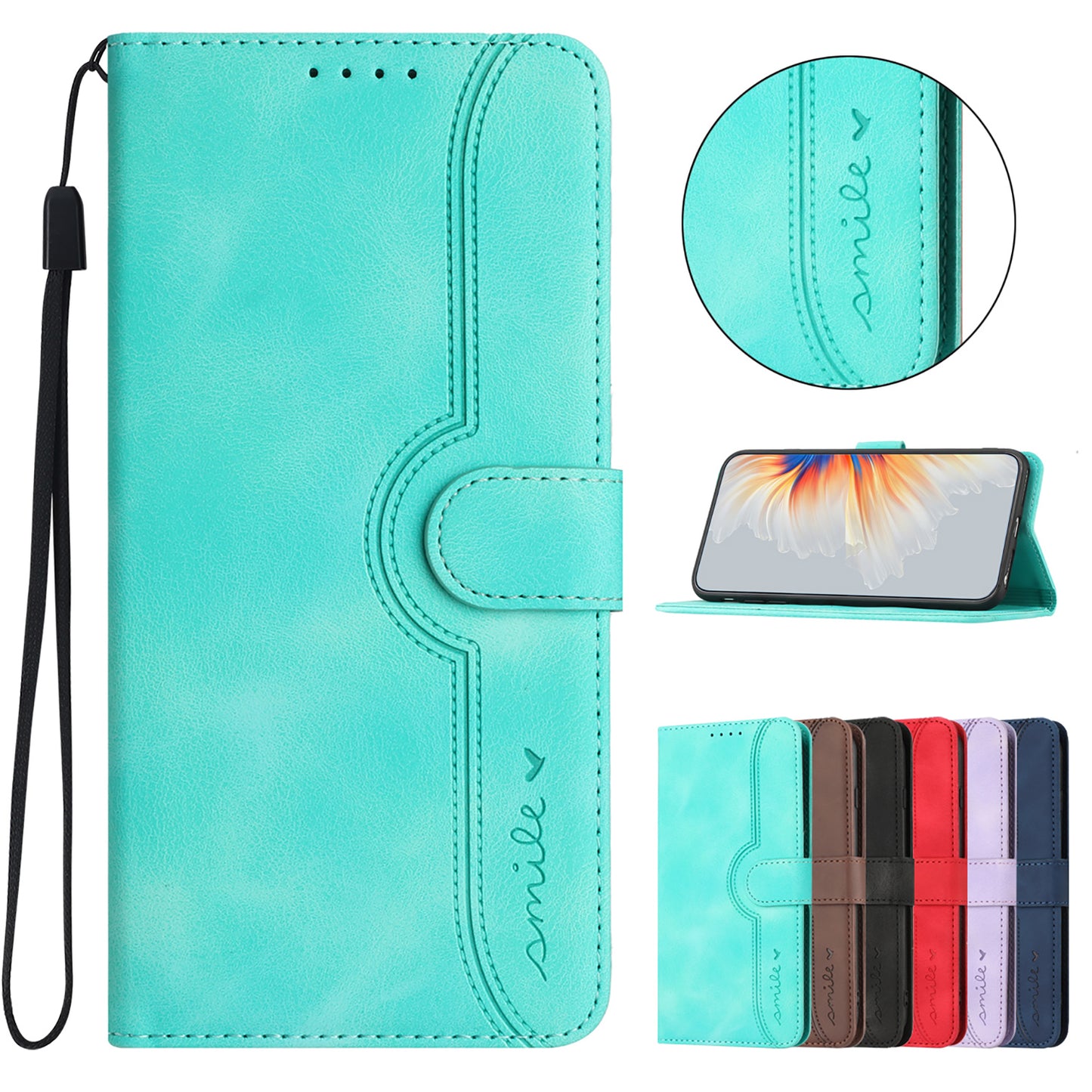 For iPhone 17 Leather Case Wallet Stand Smile Imprinted Phone Cover with Strap - Light Blue