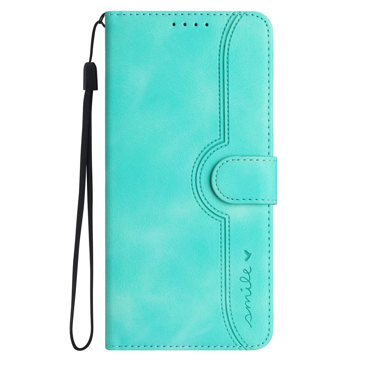 For iPhone 17 Leather Case Wallet Stand Smile Imprinted Phone Cover with Strap - Light Blue