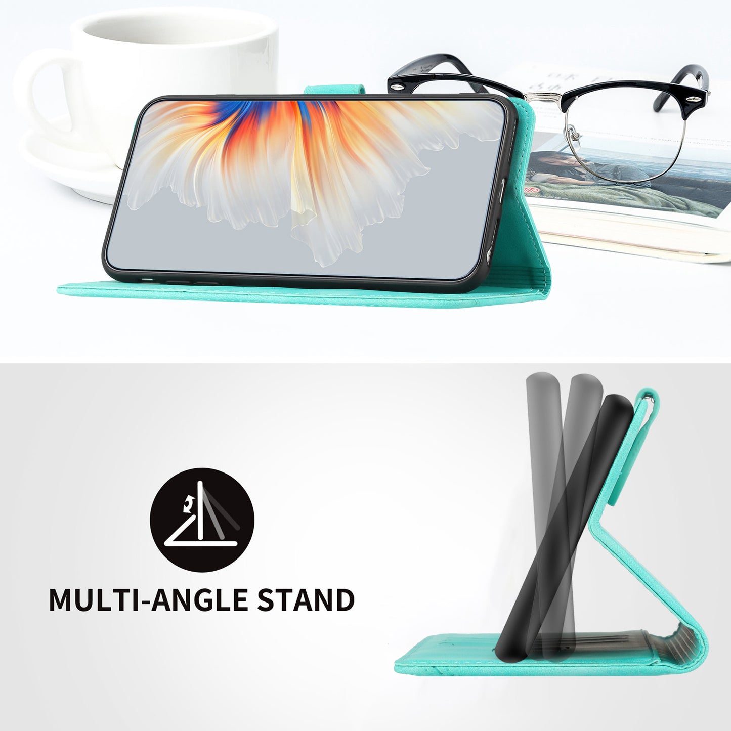 For iPhone 17 Leather Case Wallet Stand Smile Imprinted Phone Cover with Strap - Light Blue