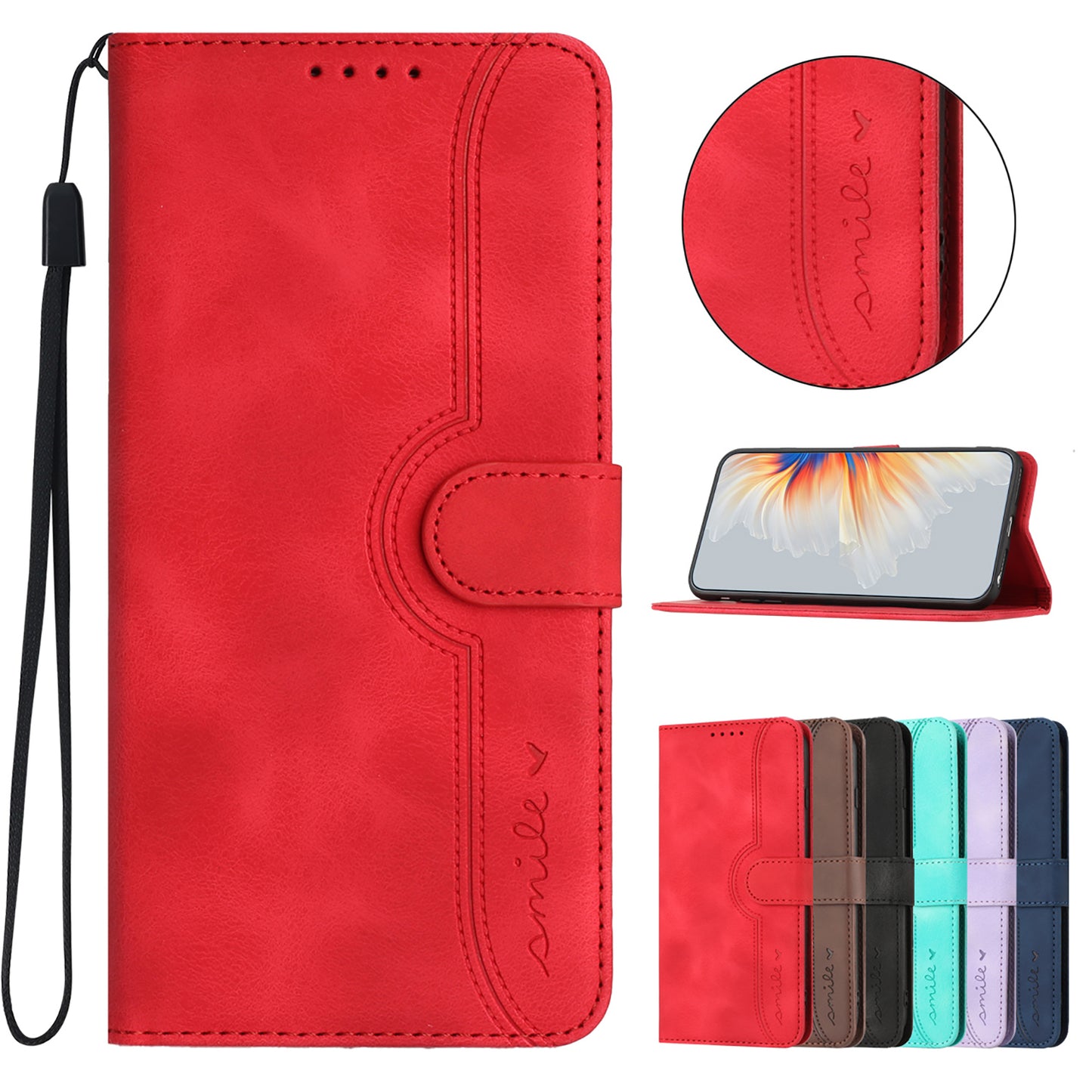 For iPhone 17 Leather Case Wallet Stand Smile Imprinted Phone Cover with Strap - Red