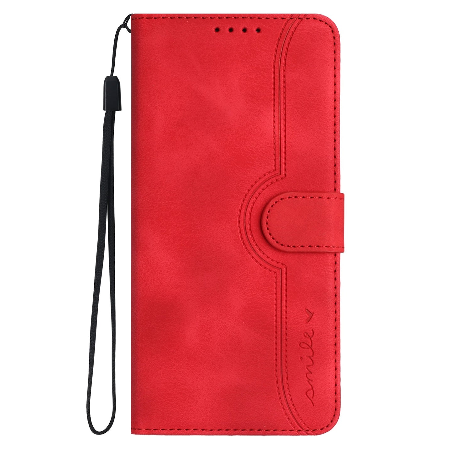 For iPhone 17 Leather Case Wallet Stand Smile Imprinted Phone Cover with Strap - Red