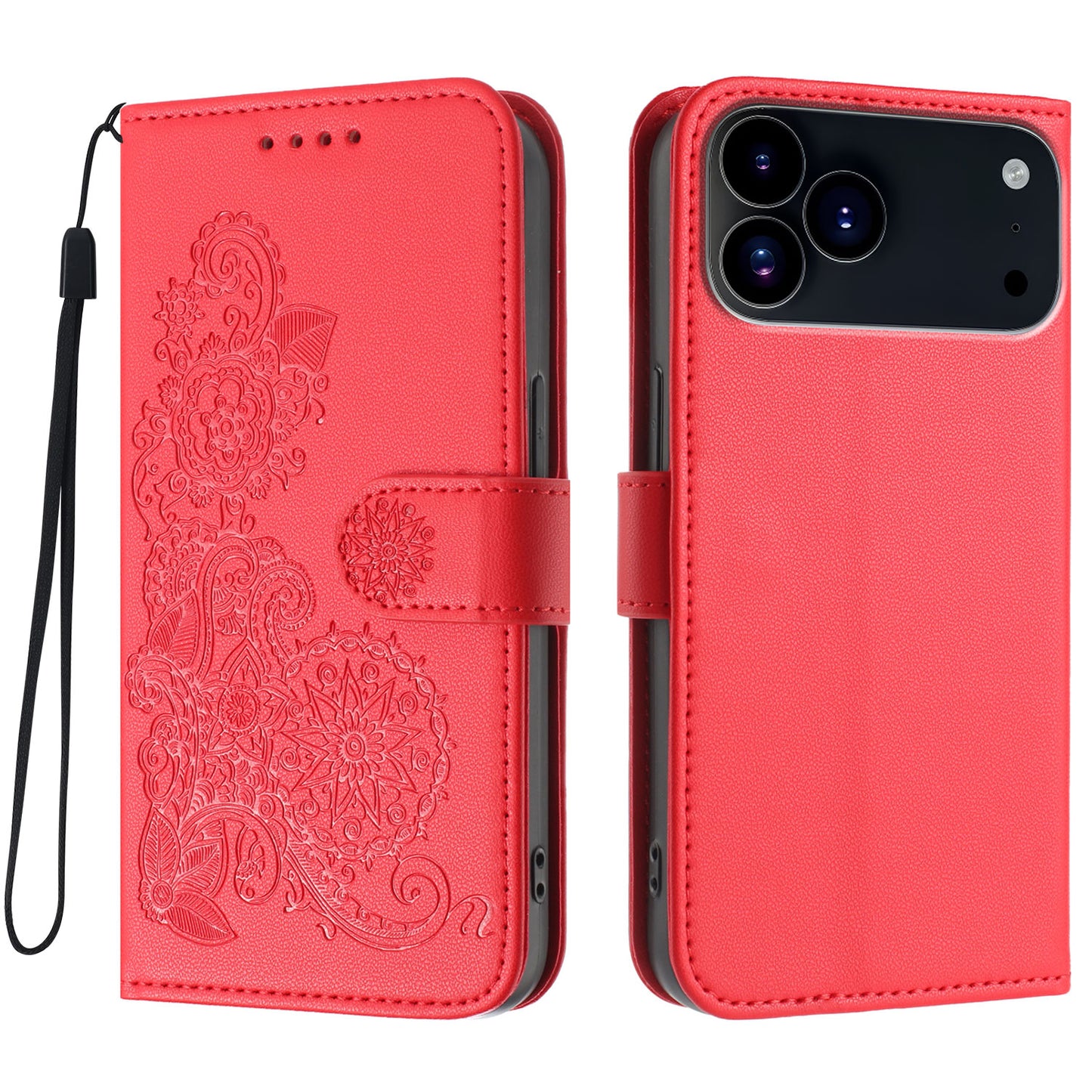 For iPhone 17 Pro Phone Cases Mandala Flower Leather Wallet Mobile Cover with Strap - Red