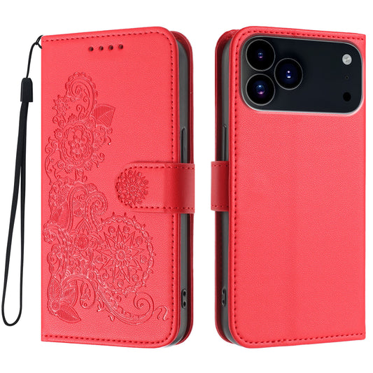 For iPhone 17 Pro Phone Cases Mandala Flower Leather Wallet Mobile Cover with Strap - Red