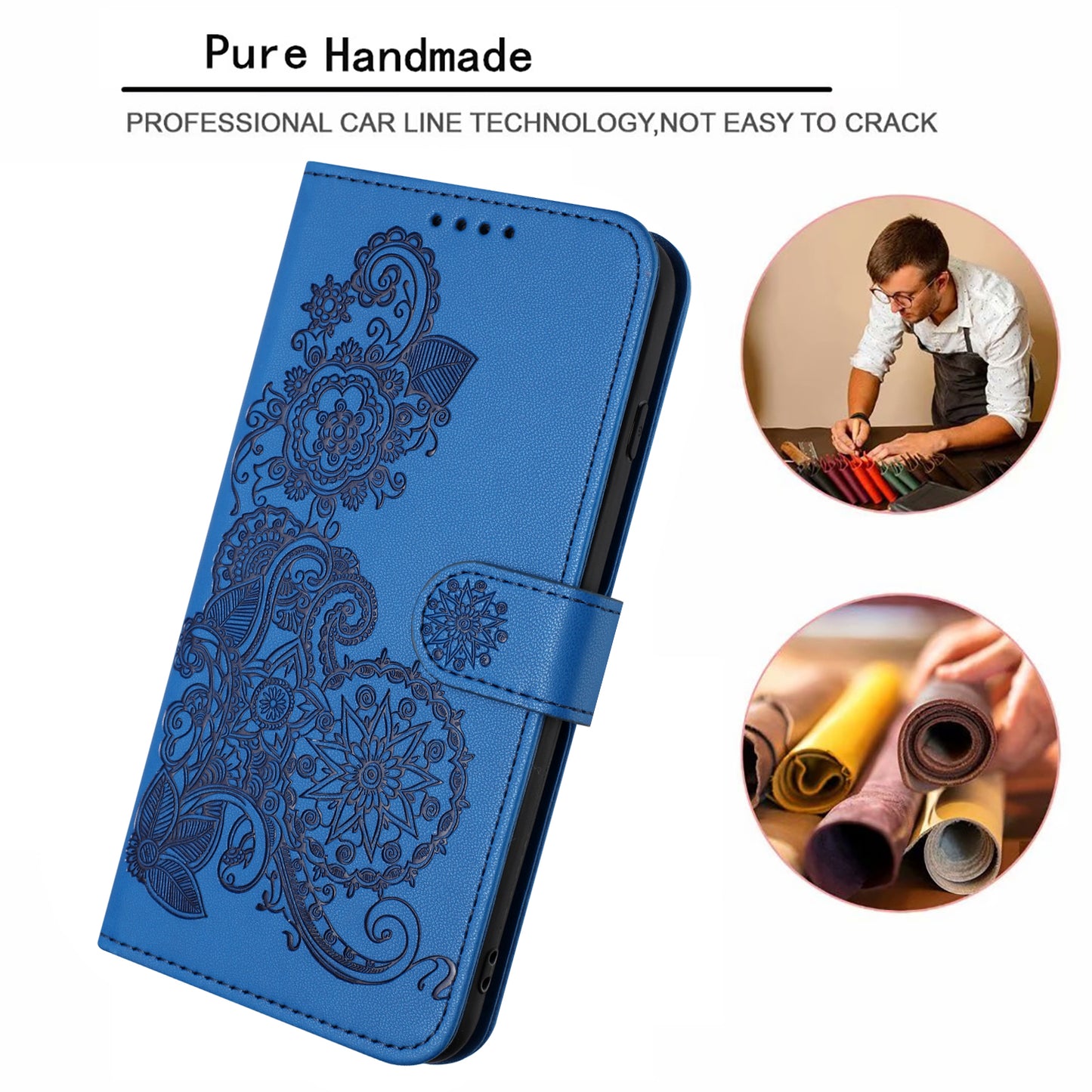 For iPhone 17 Pro Phone Cases Mandala Flower Leather Wallet Mobile Cover with Strap - Royal Blue