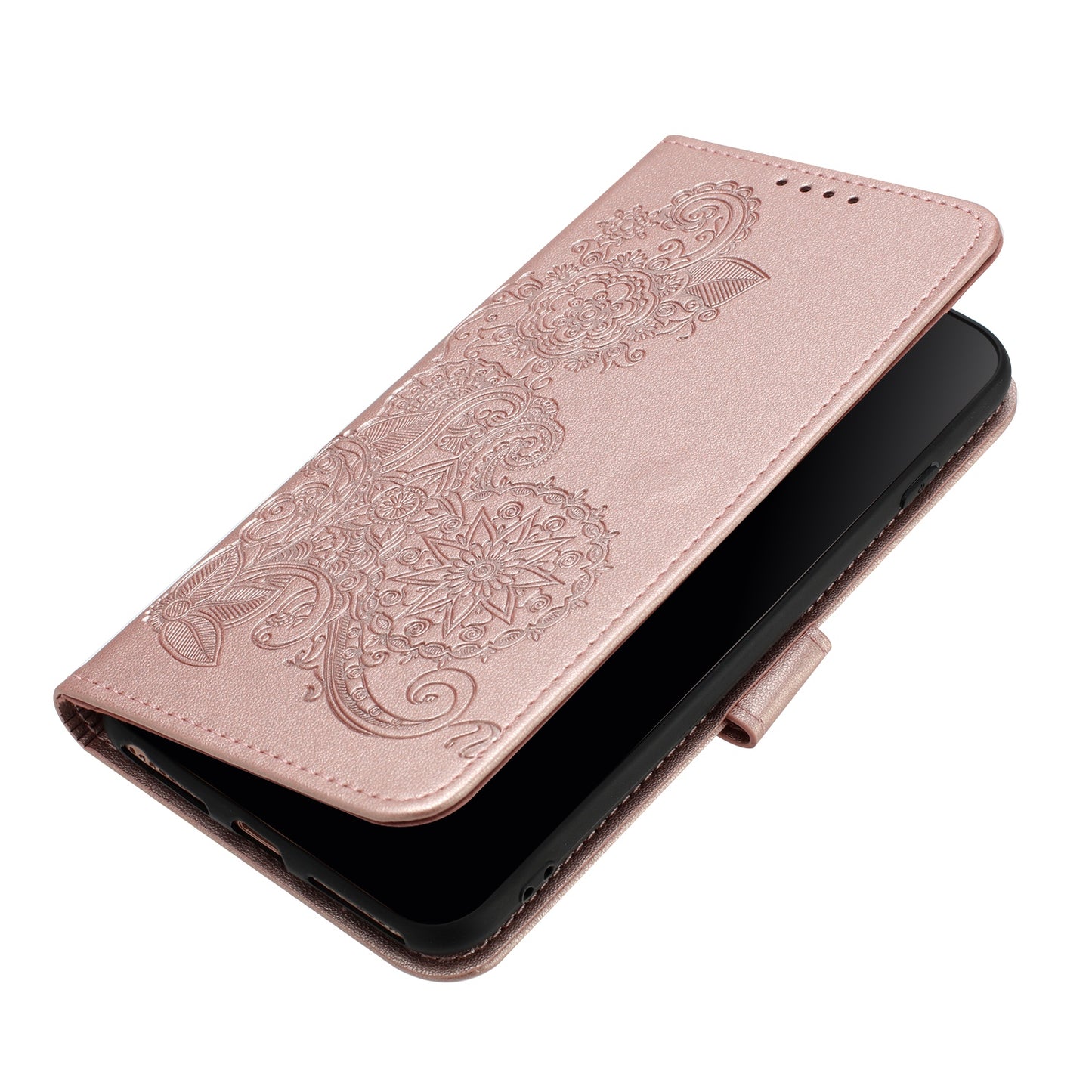 For iPhone 17 Pro Phone Cases Mandala Flower Leather Wallet Mobile Cover with Strap - Rose Gold