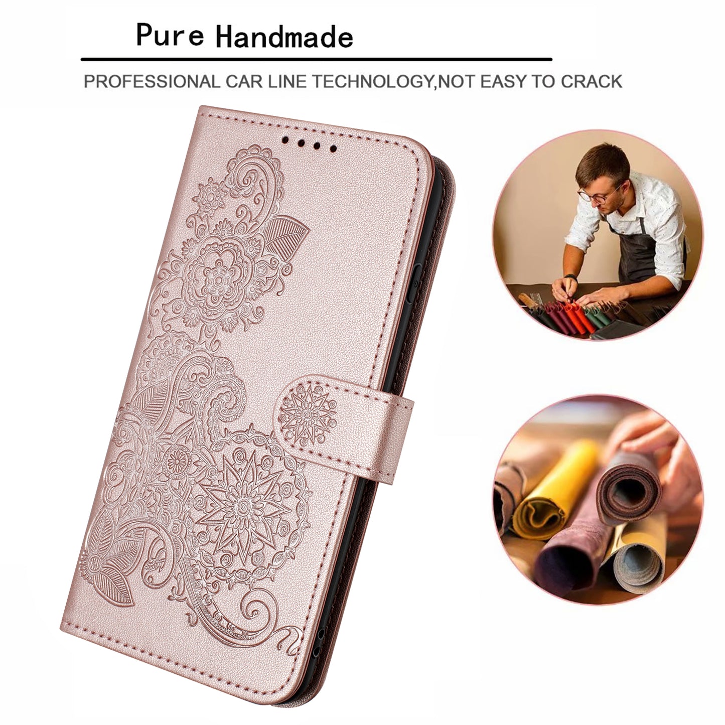 For iPhone 17 Pro Phone Cases Mandala Flower Leather Wallet Mobile Cover with Strap - Rose Gold