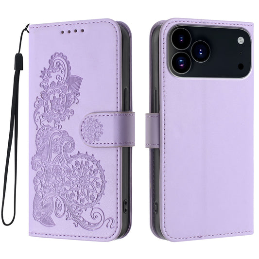 For iPhone 17 Pro Phone Cases Mandala Flower Leather Wallet Mobile Cover with Strap - Purple