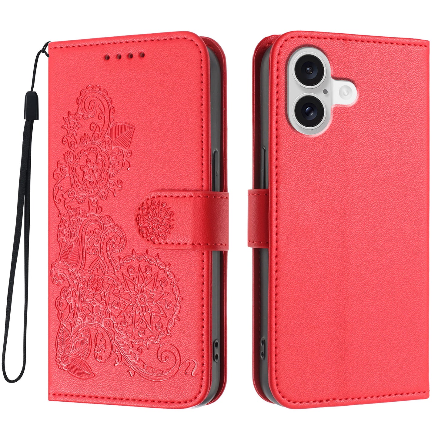 For iPhone 17 Phone Cases Mandala Flower Leather Wallet Mobile Cover with Strap - Red