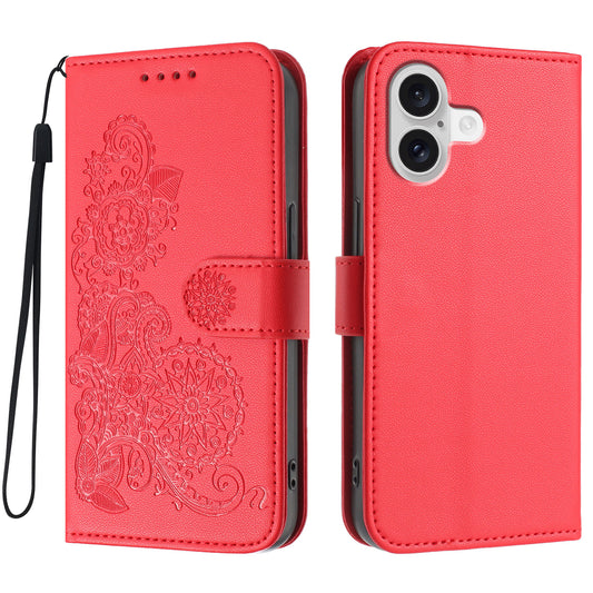 For iPhone 17 Phone Cases Mandala Flower Leather Wallet Mobile Cover with Strap - Red