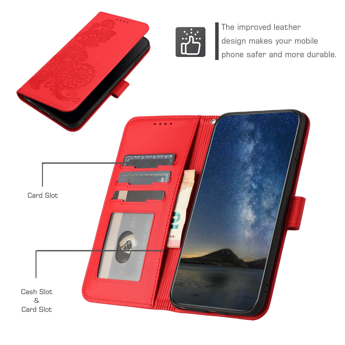 For iPhone 17 Phone Cases Mandala Flower Leather Wallet Mobile Cover with Strap - Red