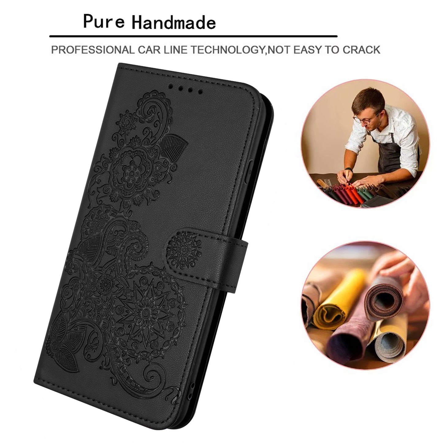 For iPhone 17 Phone Cases Mandala Flower Leather Wallet Mobile Cover with Strap - Black