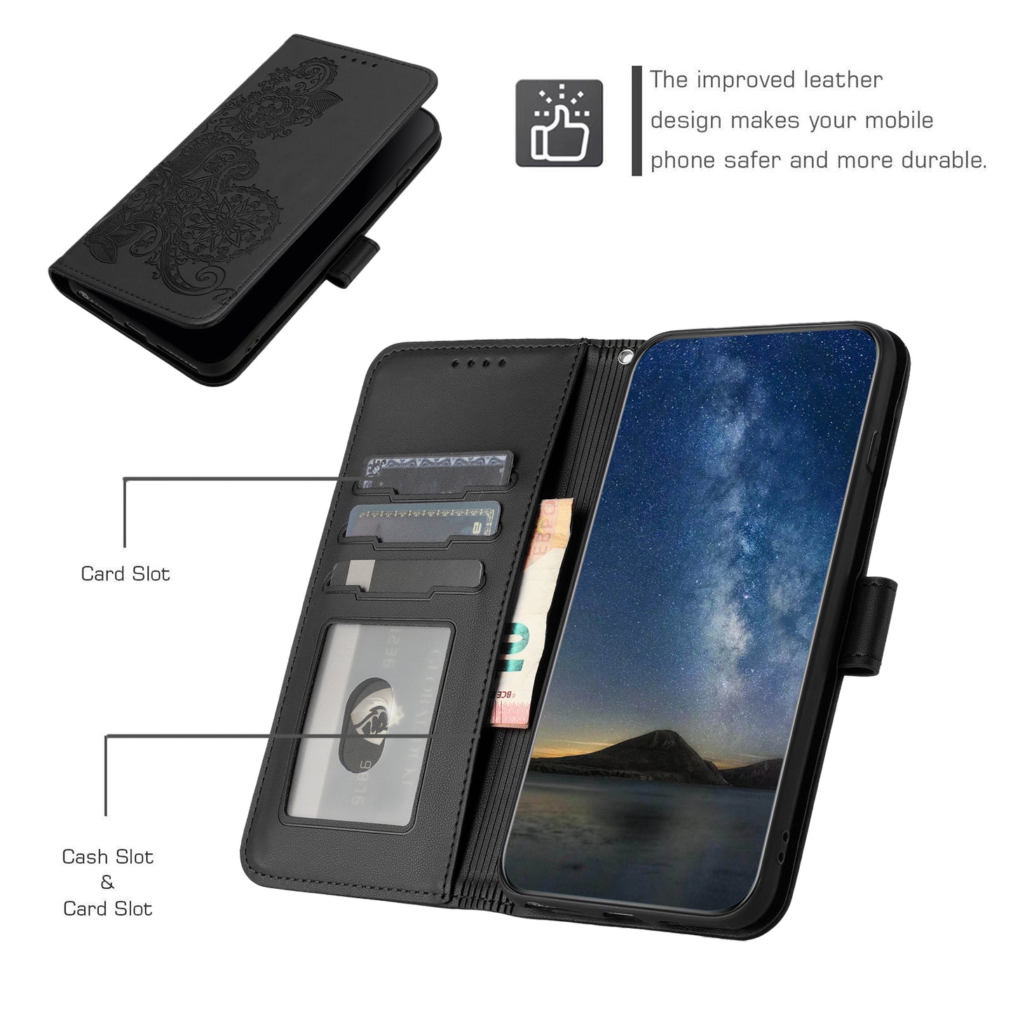 For iPhone 17 Phone Cases Mandala Flower Leather Wallet Mobile Cover with Strap - Black