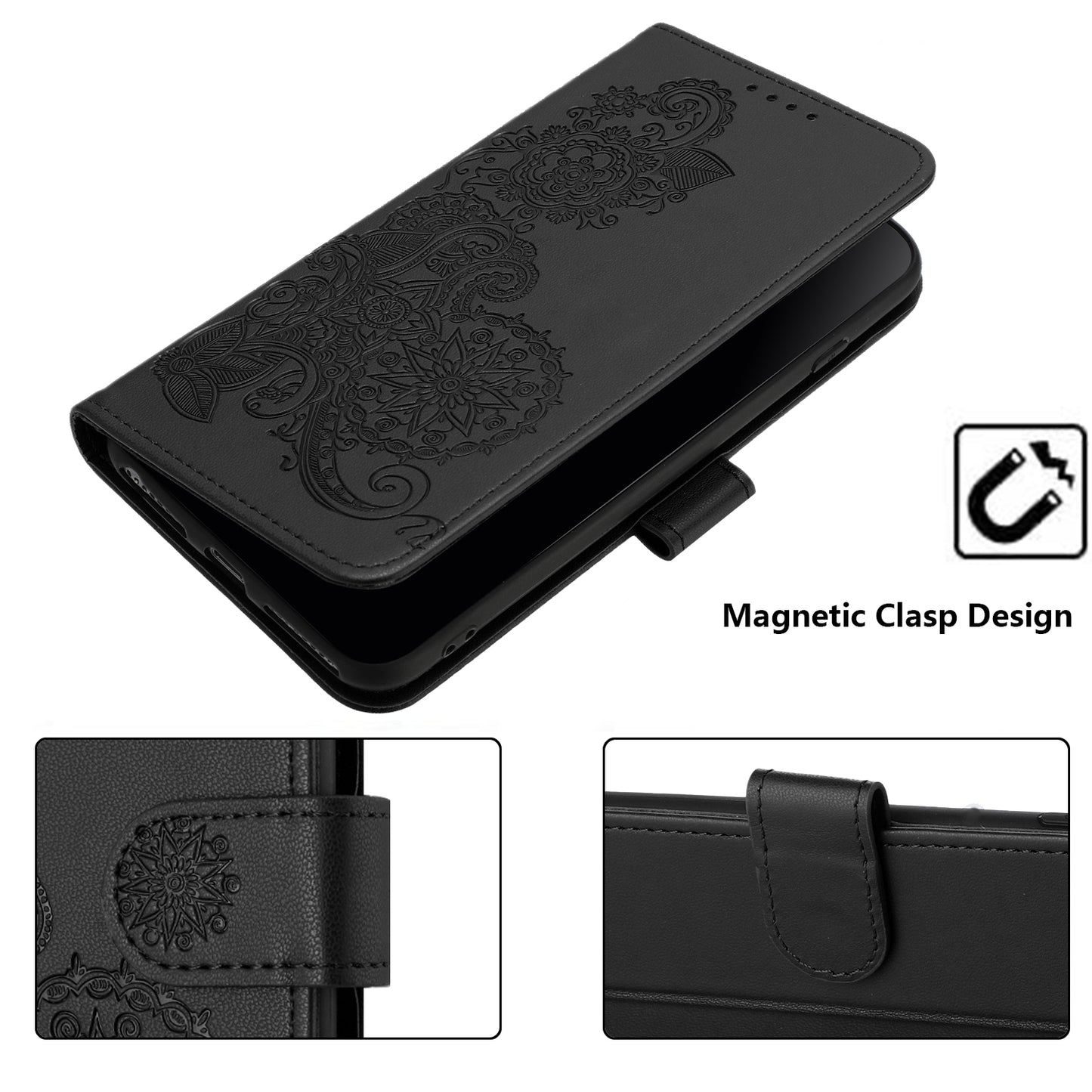 For iPhone 17 Phone Cases Mandala Flower Leather Wallet Mobile Cover with Strap - Black