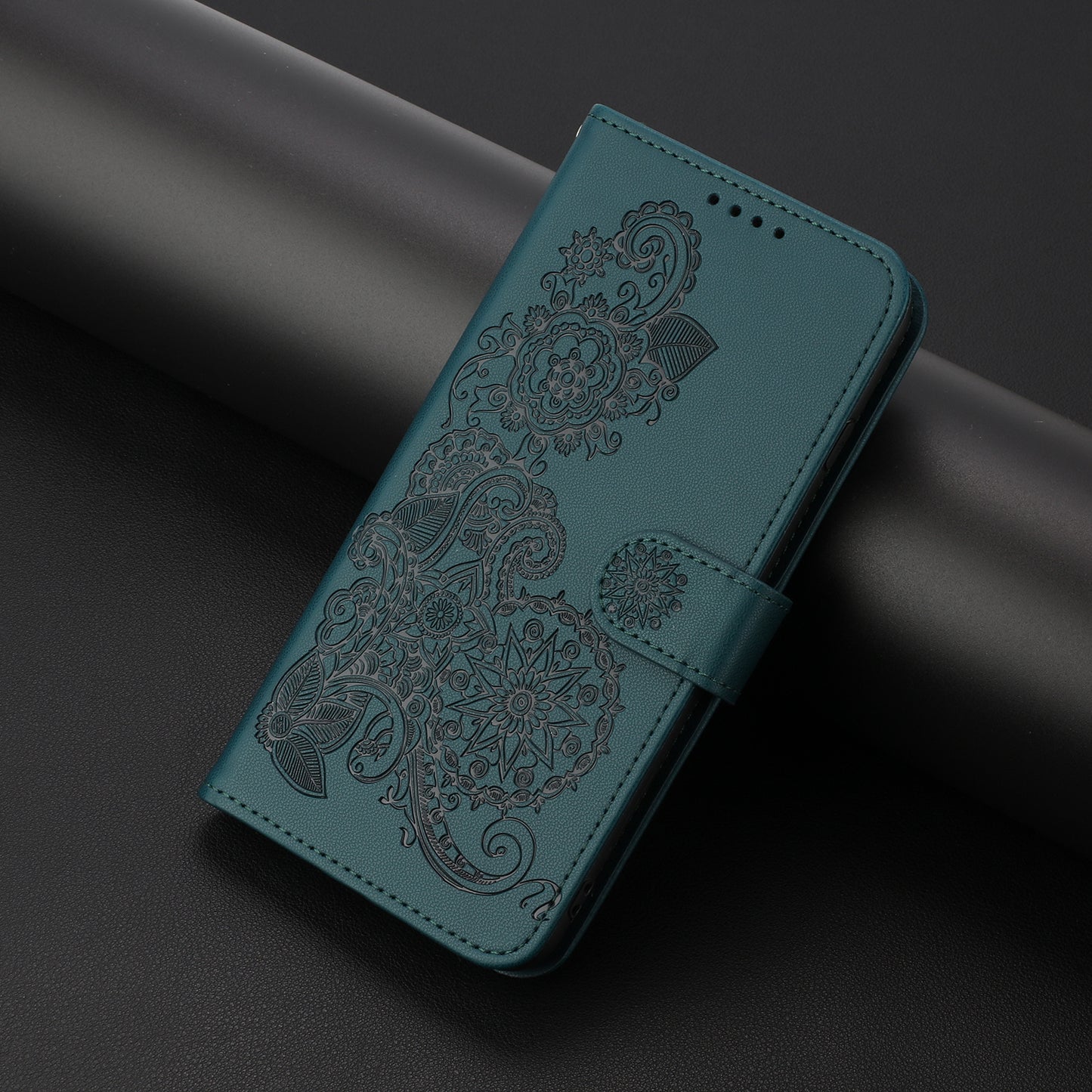 For iPhone 17 Phone Cases Mandala Flower Leather Wallet Mobile Cover with Strap - Blackish Green