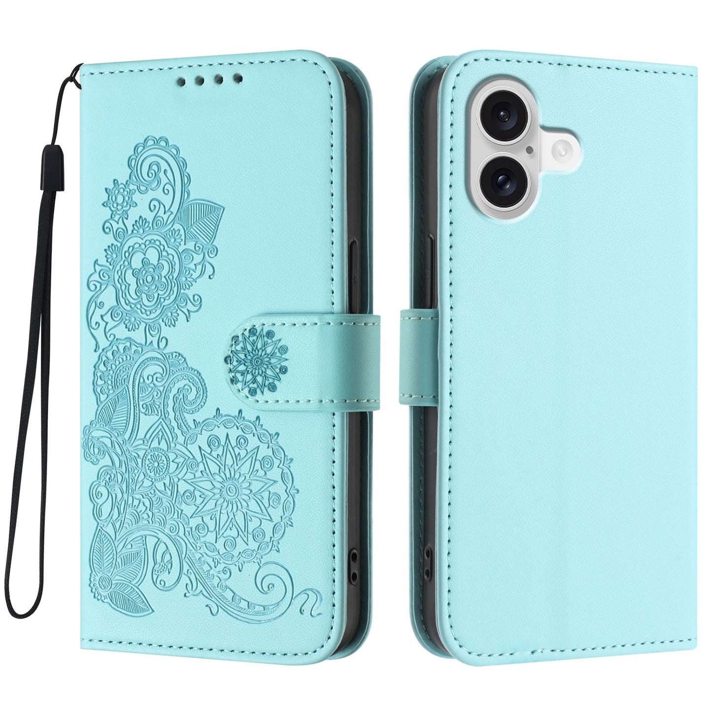 For iPhone 17 Phone Cases Mandala Flower Leather Wallet Mobile Cover with Strap - Light Blue