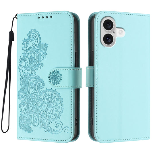 For iPhone 17 Phone Cases Mandala Flower Leather Wallet Mobile Cover with Strap - Light Blue