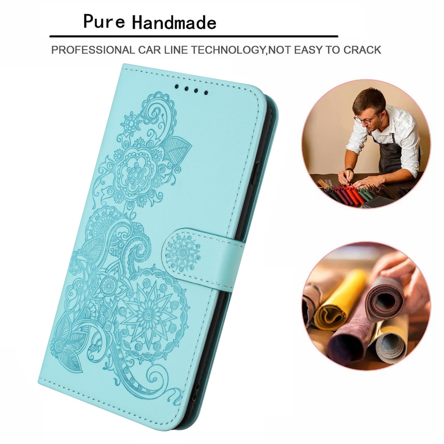For iPhone 17 Phone Cases Mandala Flower Leather Wallet Mobile Cover with Strap - Light Blue