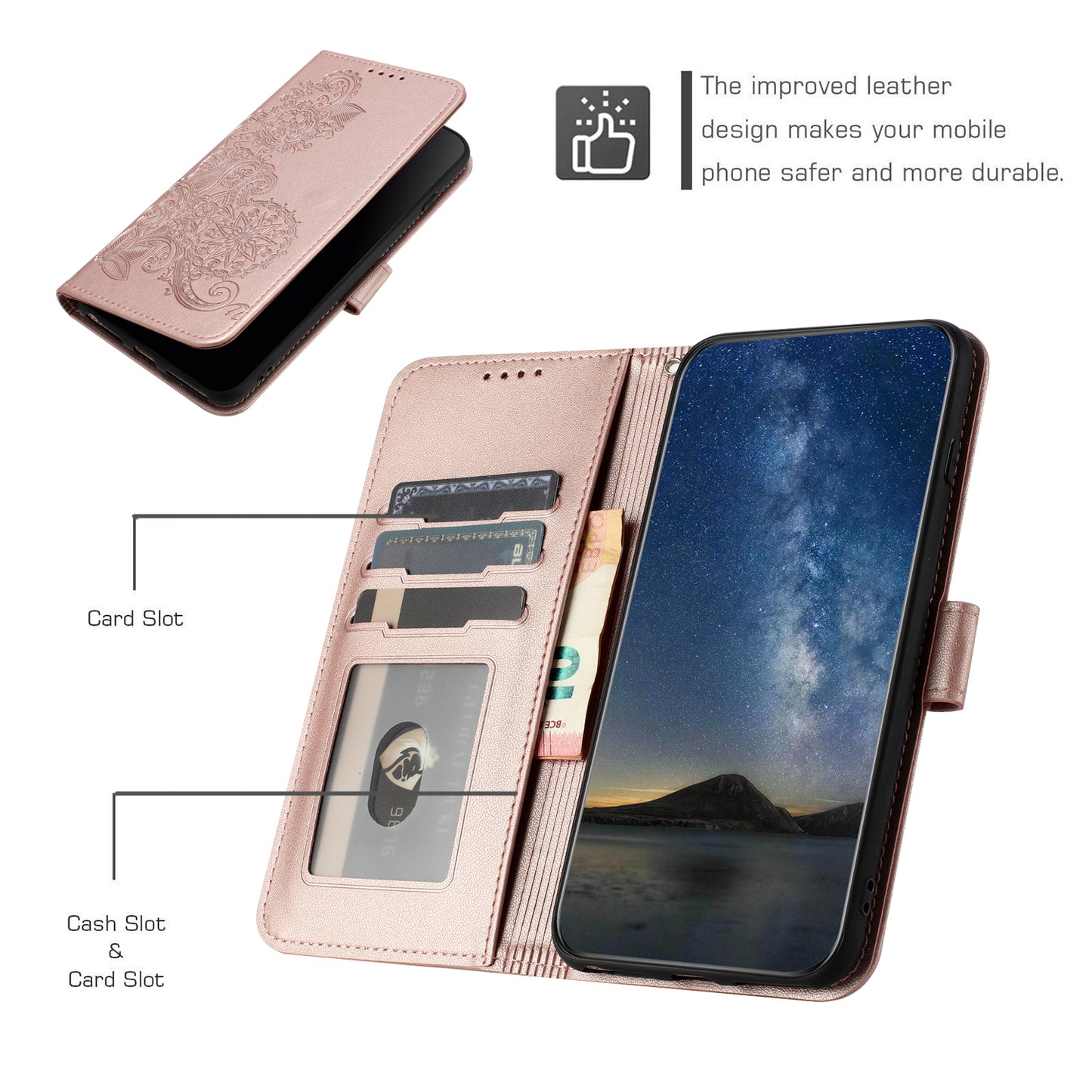 For iPhone 17 Phone Cases Mandala Flower Leather Wallet Mobile Cover with Strap - Rose Gold
