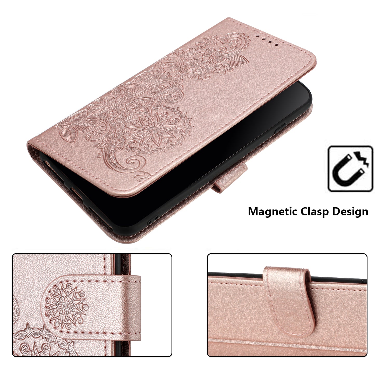 For iPhone 17 Phone Cases Mandala Flower Leather Wallet Mobile Cover with Strap - Rose Gold