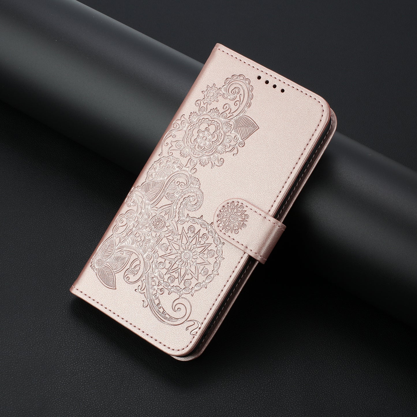 For iPhone 17 Phone Cases Mandala Flower Leather Wallet Mobile Cover with Strap - Rose Gold