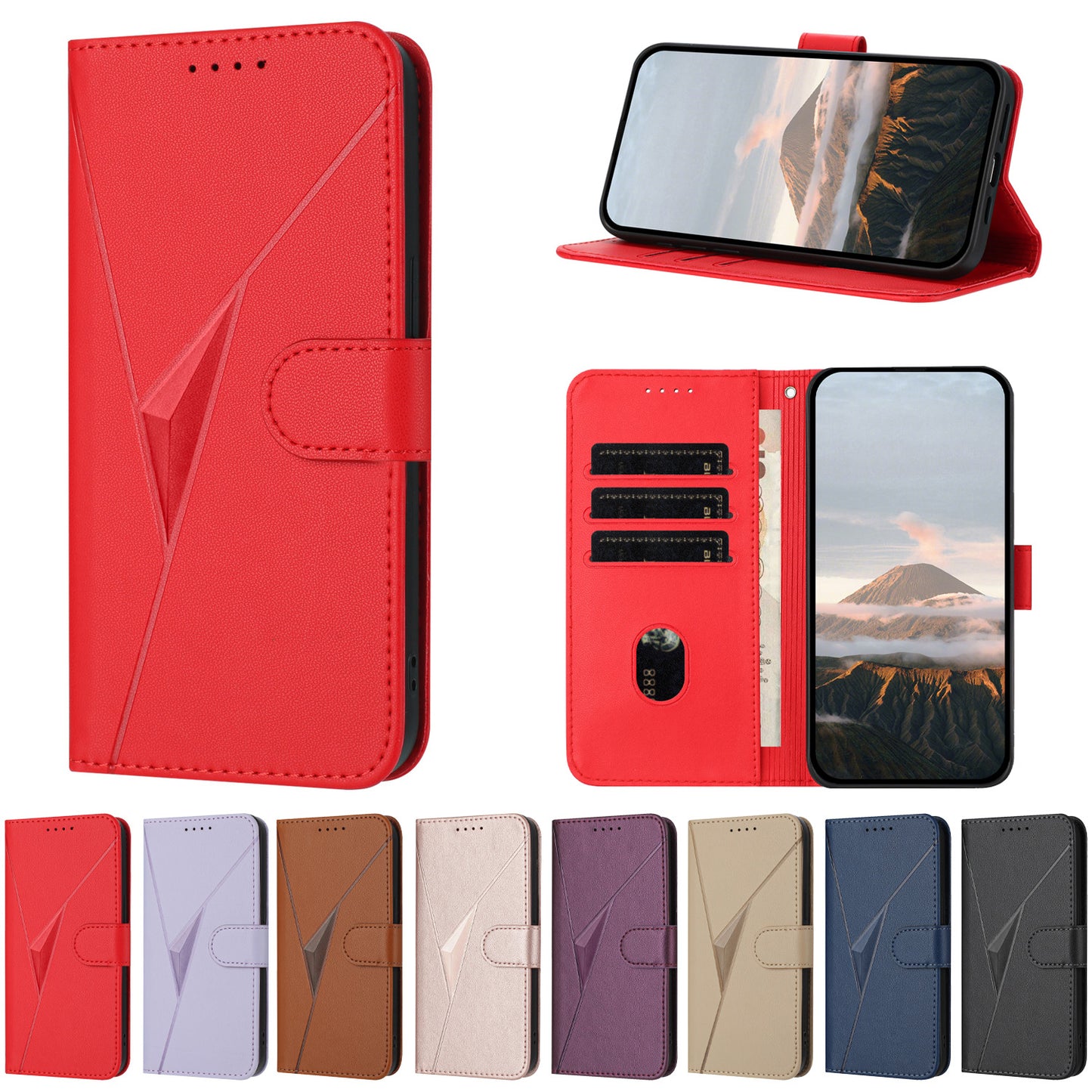 For iPhone 17 Case Triangle Imprint Leather Phone Cover with Lanyard - Red