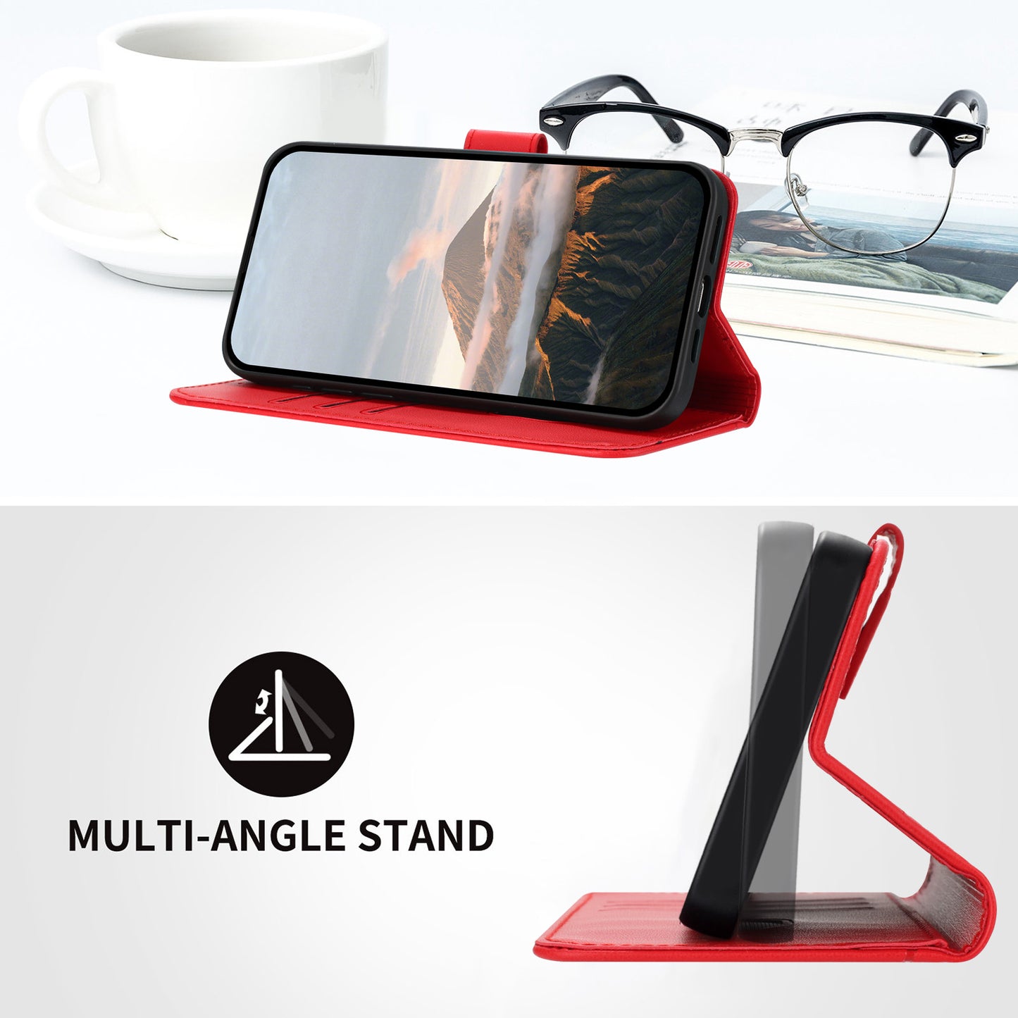For iPhone 17 Case Triangle Imprint Leather Phone Cover with Lanyard - Red