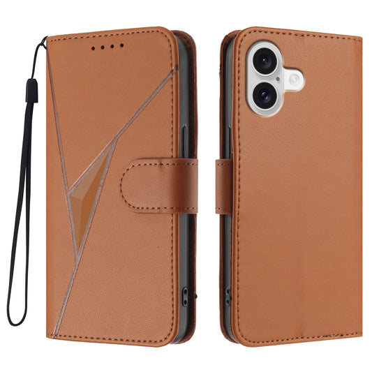 For iPhone 17 Case Triangle Imprint Leather Phone Cover with Lanyard - Coffee