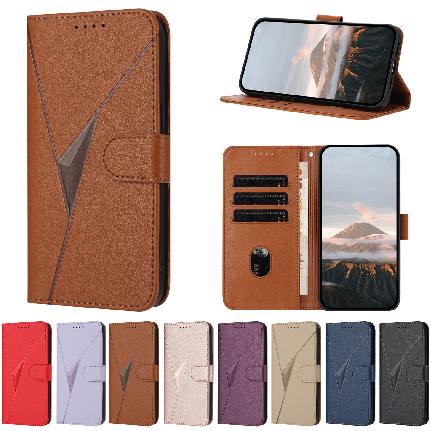 For iPhone 17 Case Triangle Imprint Leather Phone Cover with Lanyard - Coffee