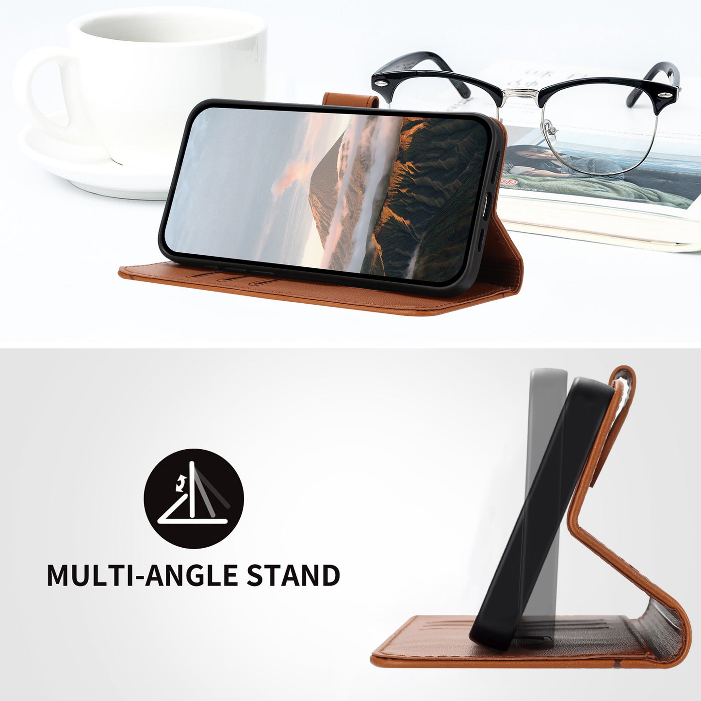 For iPhone 17 Case Triangle Imprint Leather Phone Cover with Lanyard - Coffee