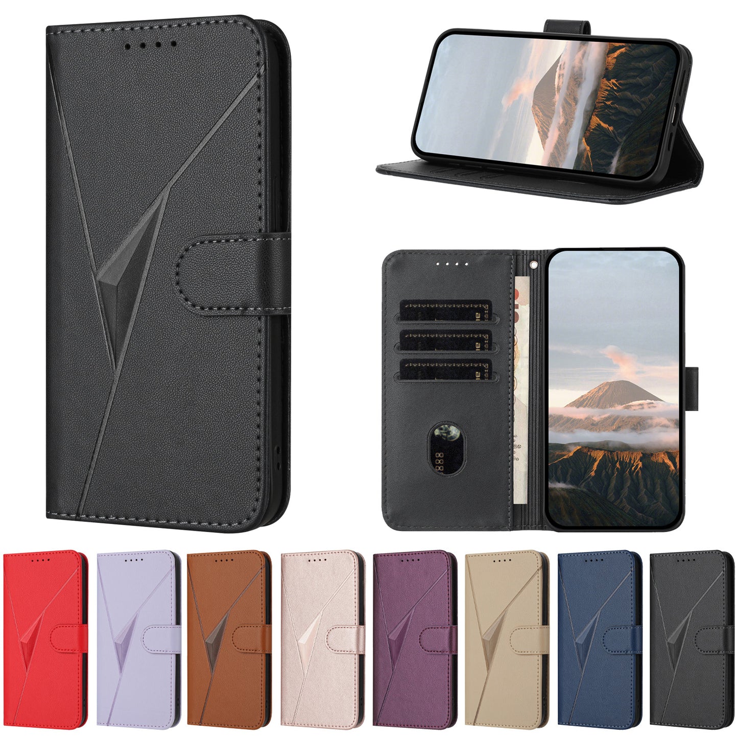 For iPhone 17 Case Triangle Imprint Leather Phone Cover with Lanyard - Black