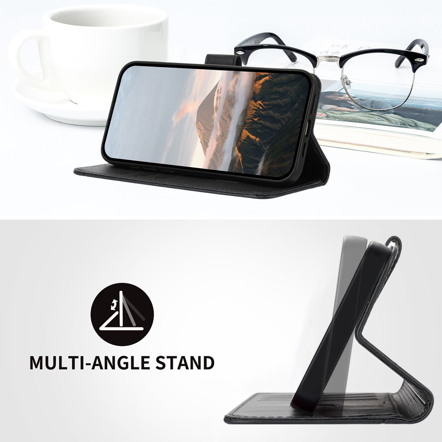 For iPhone 17 Case Triangle Imprint Leather Phone Cover with Lanyard - Black