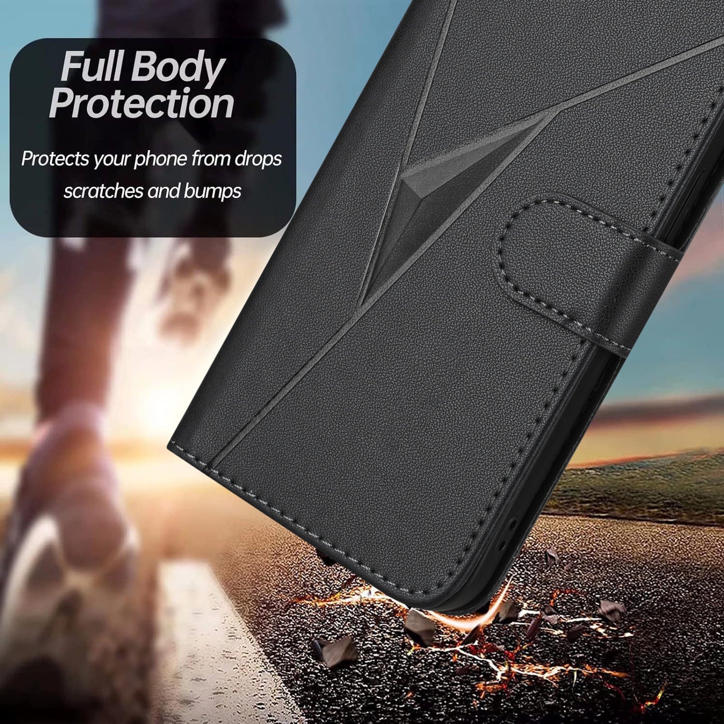 For iPhone 17 Case Triangle Imprint Leather Phone Cover with Lanyard - Black
