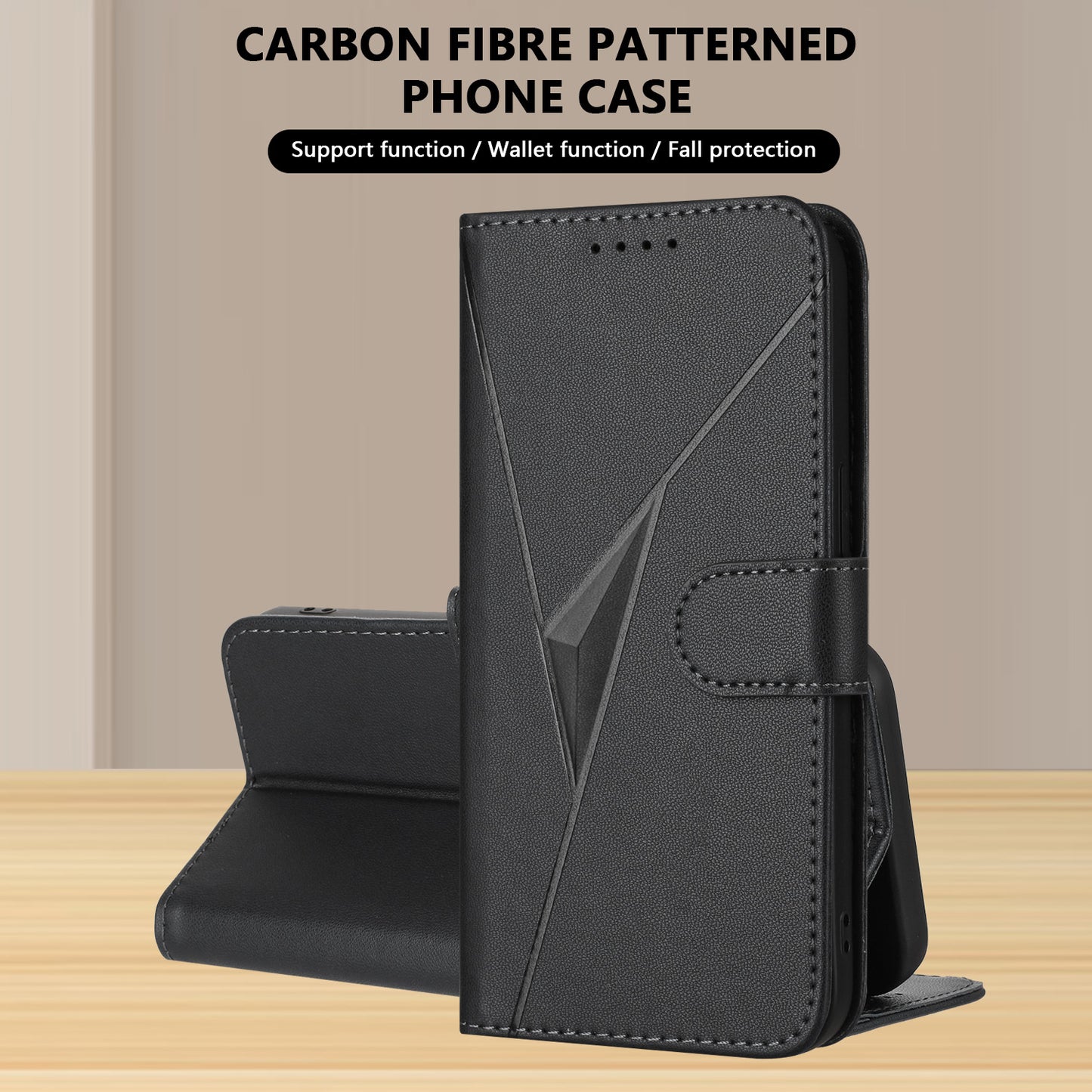For iPhone 17 Case Triangle Imprint Leather Phone Cover with Lanyard - Black