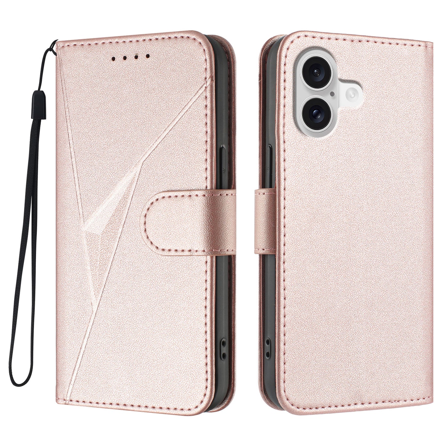 For iPhone 17 Case Triangle Imprint Leather Phone Cover with Lanyard - Rose Gold
