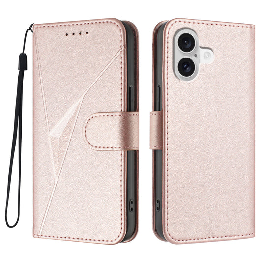 For iPhone 17 Case Triangle Imprint Leather Phone Cover with Lanyard - Rose Gold