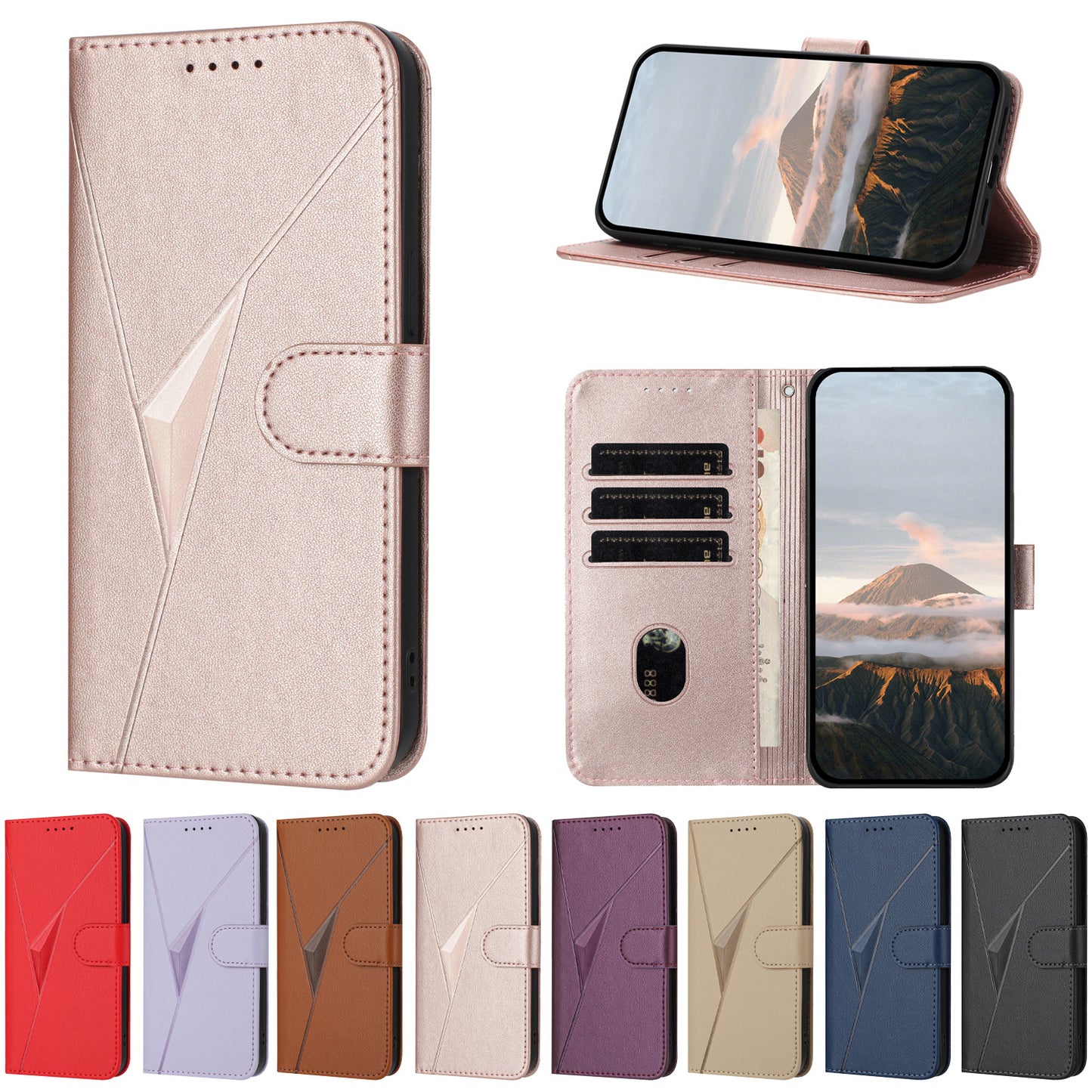 For iPhone 17 Case Triangle Imprint Leather Phone Cover with Lanyard - Rose Gold