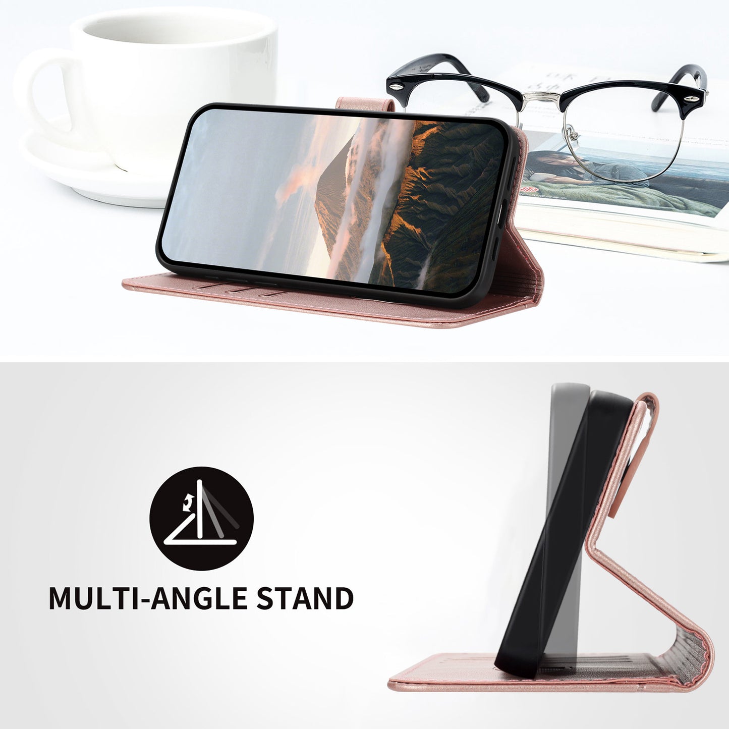 For iPhone 17 Case Triangle Imprint Leather Phone Cover with Lanyard - Rose Gold