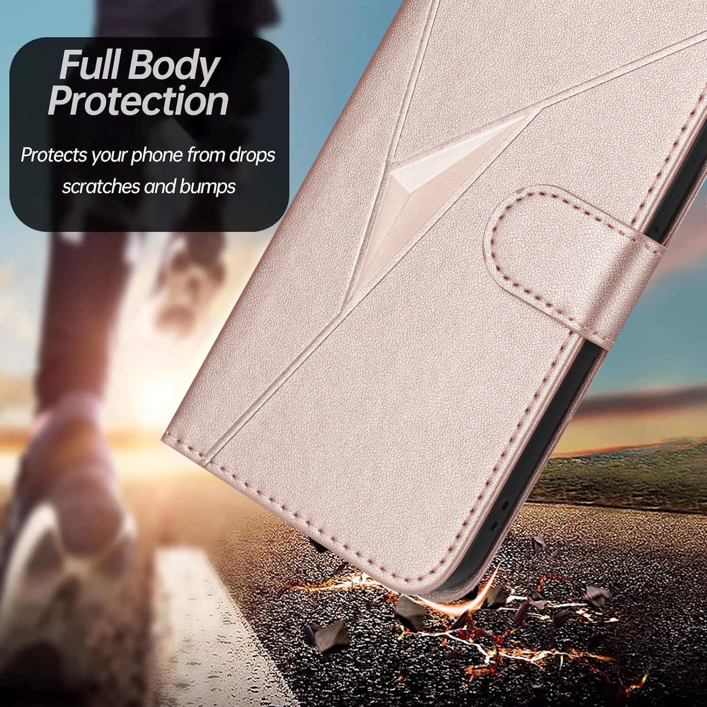 For iPhone 17 Case Triangle Imprint Leather Phone Cover with Lanyard - Rose Gold