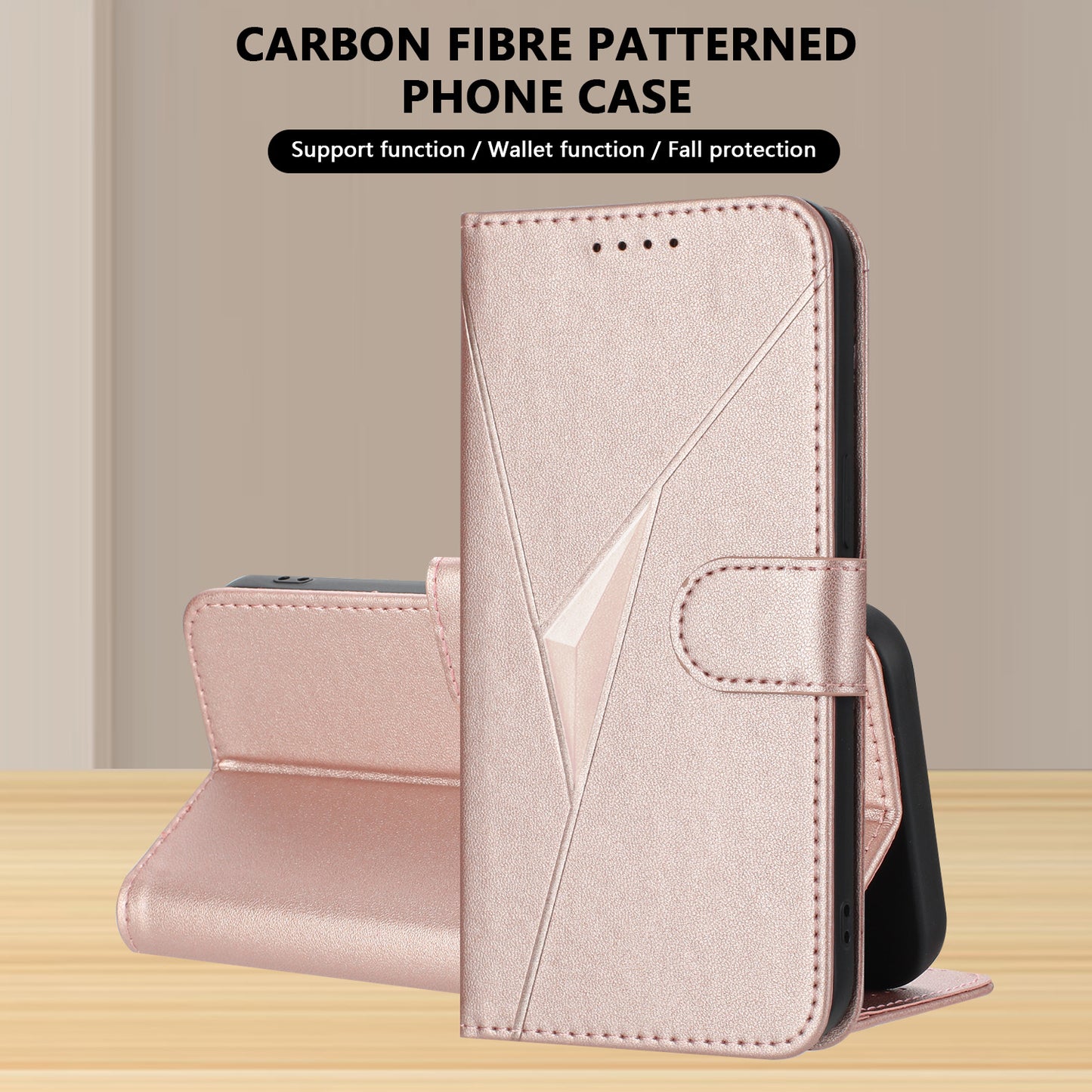 For iPhone 17 Case Triangle Imprint Leather Phone Cover with Lanyard - Rose Gold