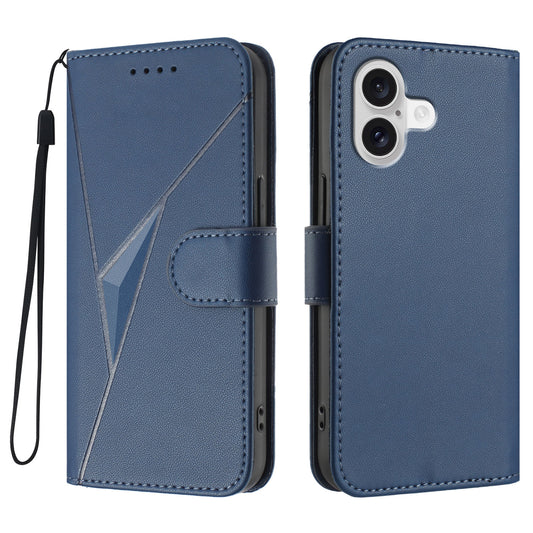 For iPhone 17 Case Triangle Imprint Leather Phone Cover with Lanyard - Royal Blue