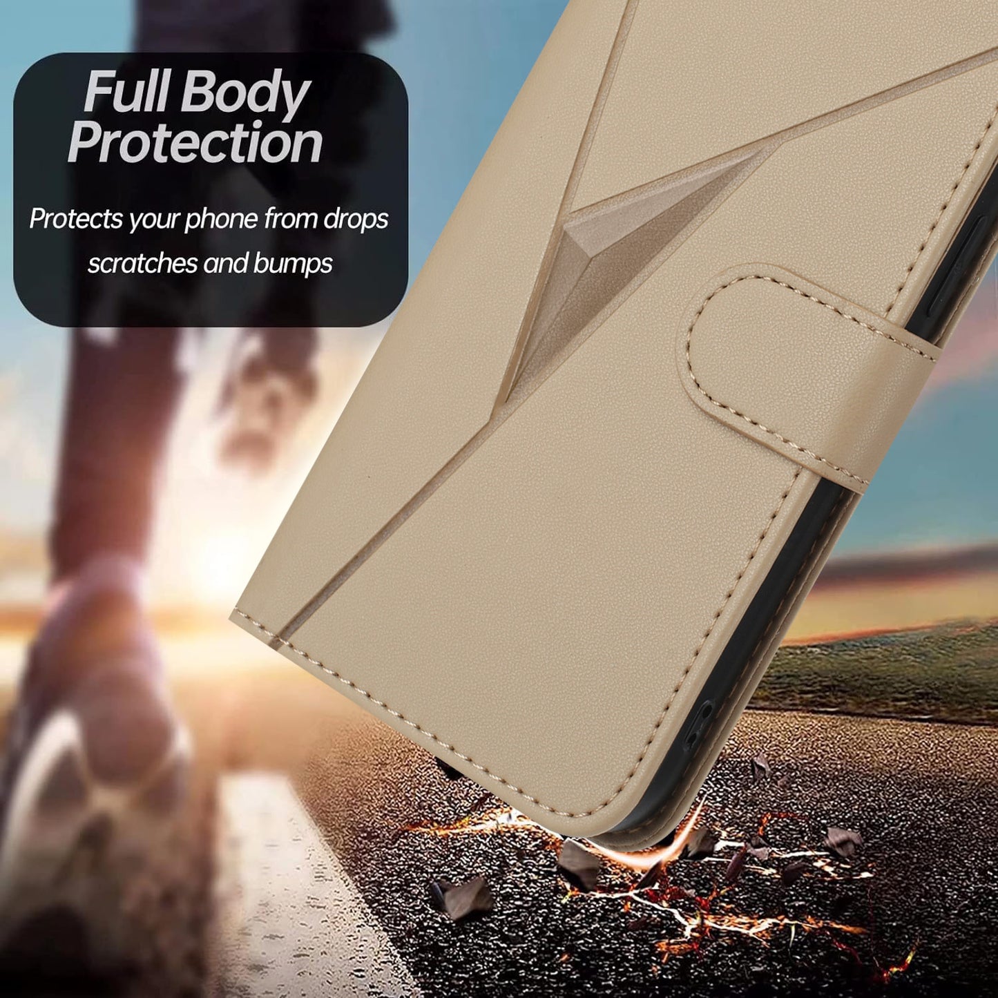 For iPhone 17 Case Triangle Imprint Leather Phone Cover with Lanyard - Golden
